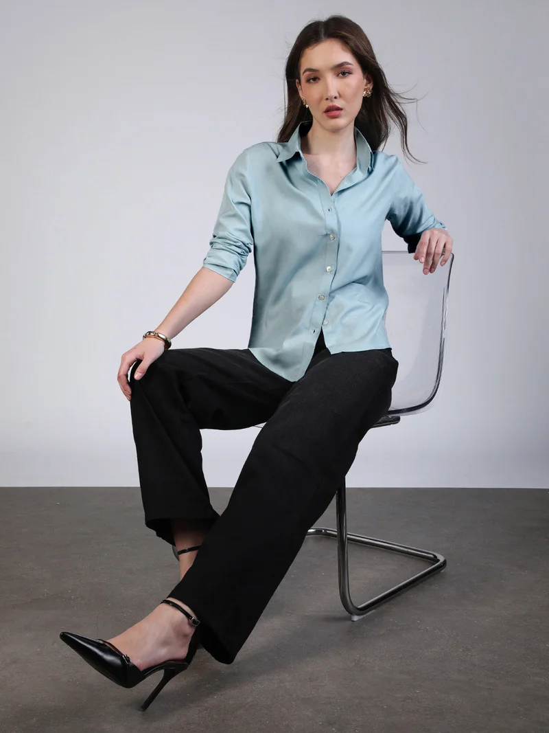 Urbano Fashion  Urbano Fashion Women's Light Sky Blue Modal Viscose Full Sleeve Regular Fit Casual Solid Shirt with Regular Collar for Women | Best Price UAE